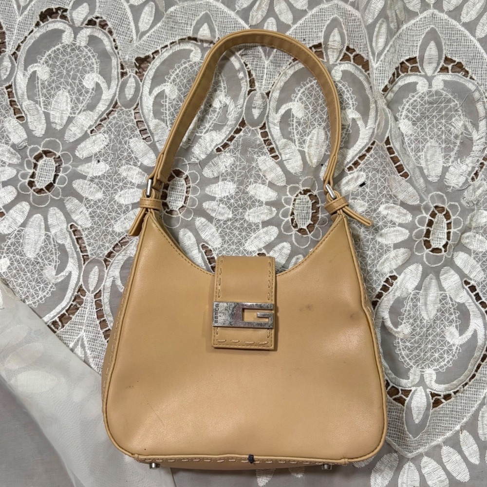 Guess Vintage Y2K Tan Faux Leather Shoulder Bag G Logo Buckle Whipstitch Tan